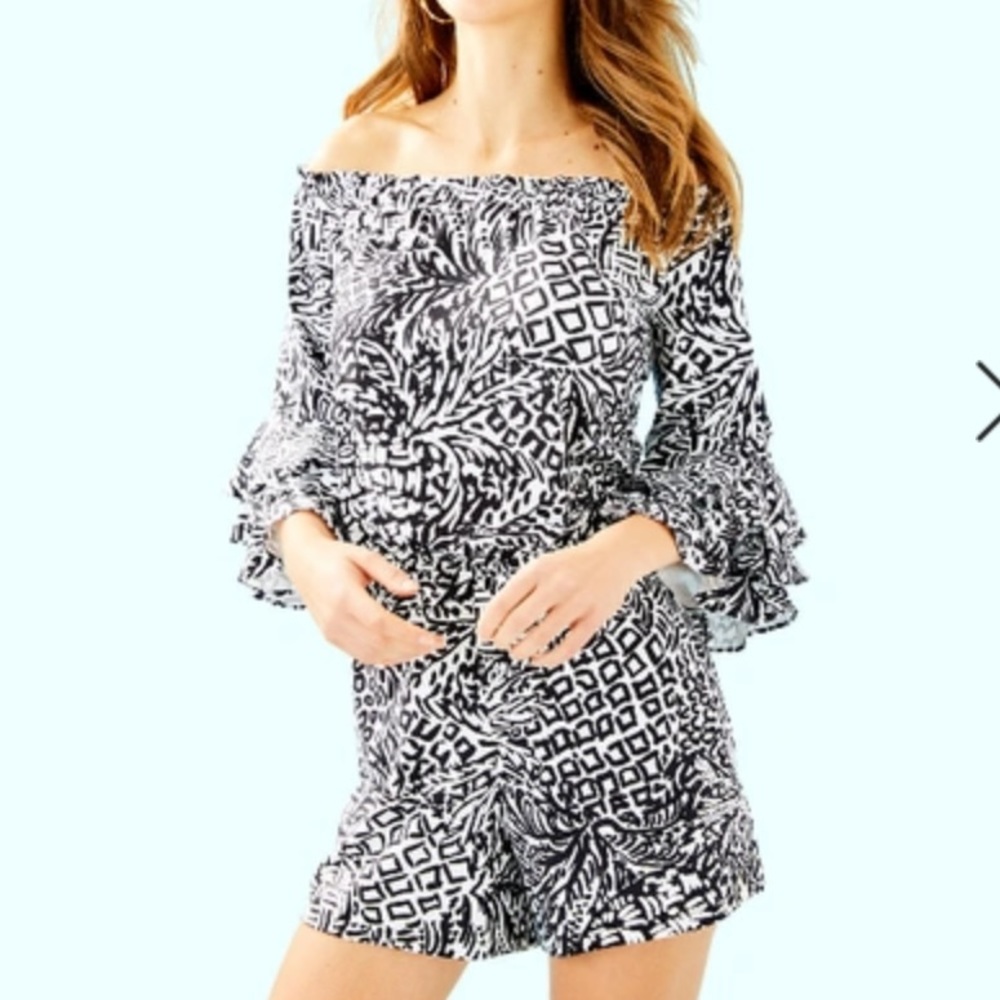 Lilly Pulitzer Calla Off-the-shoulder Romper In High Tide Navy Ready Set Gecko